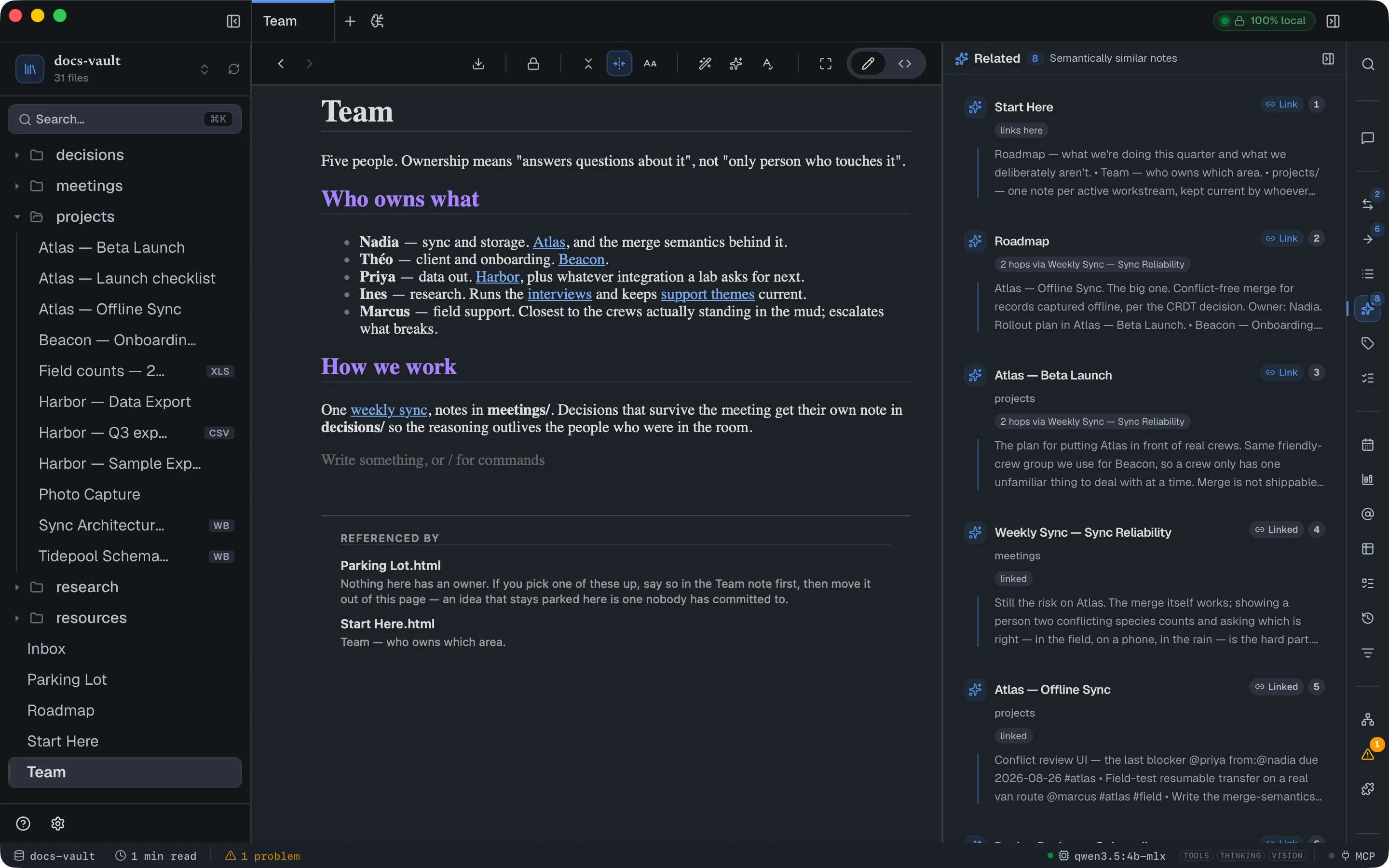 The Related panel on the Team note: semantically similar notes ranked, each with how it connects (links here, two hops via a meeting, linked) and a Link button for the ones not linked yet.