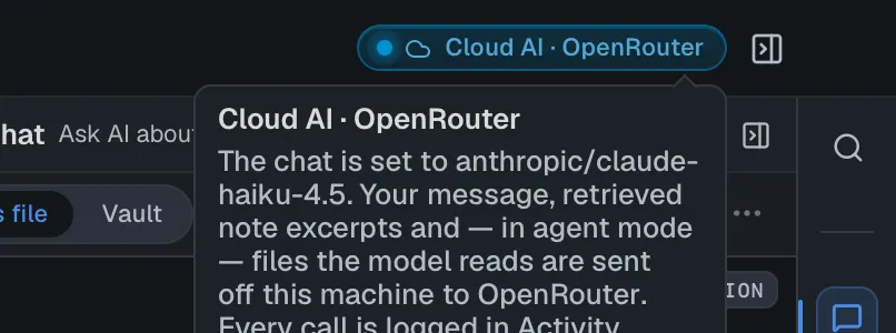 The Cloud AI tooltip: the chat is set to anthropic/claude-haiku-4.5; your message, retrieved note excerpts and, in agent mode, files the model reads are sent off this machine to OpenRouter; every call is logged.