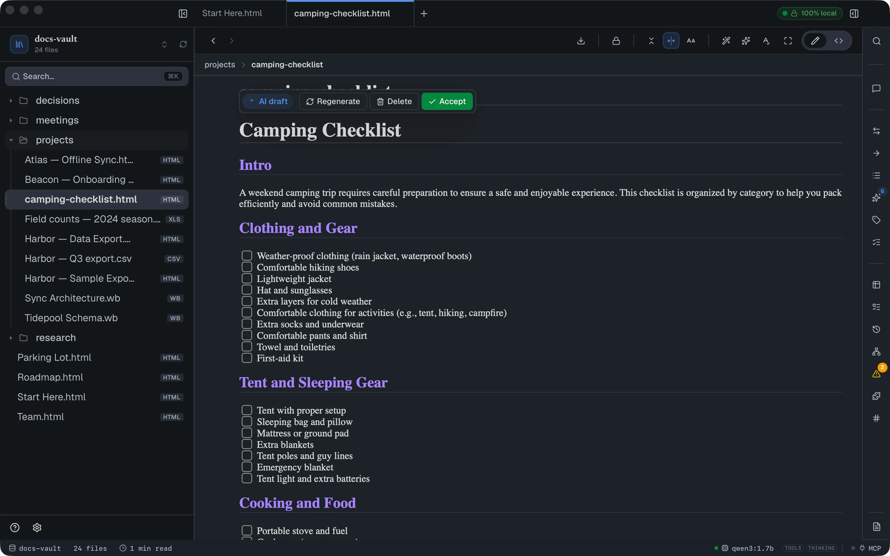 The finished draft in the page: a Camping Checklist heading, an introduction, and sections of gear as live checkboxes, with the floating AI draft toolbar above offering Regenerate, Delete and Accept.