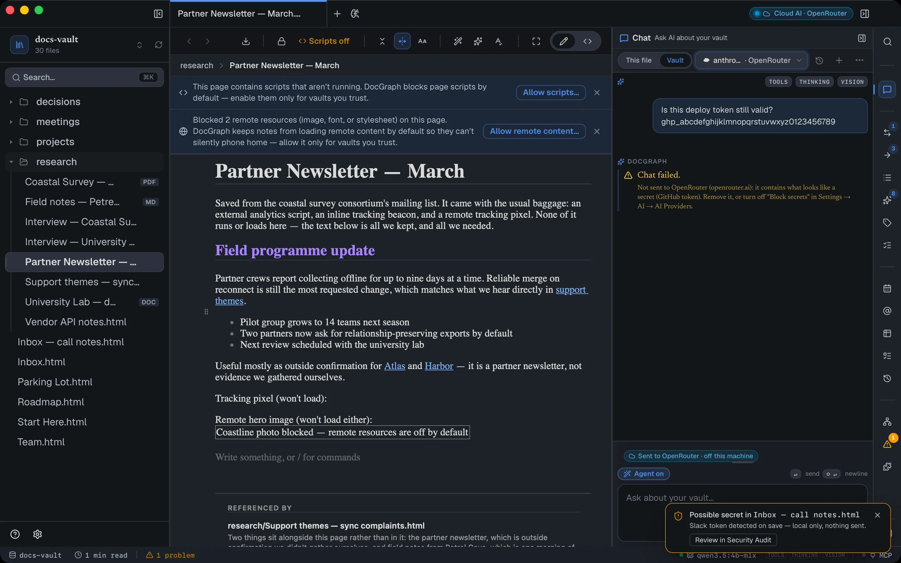 A warning in the bottom-right corner: "Possible secret in Inbox — call notes.html. Slack token detected on save — local only, nothing sent", with a "Review in Security Audit" button.