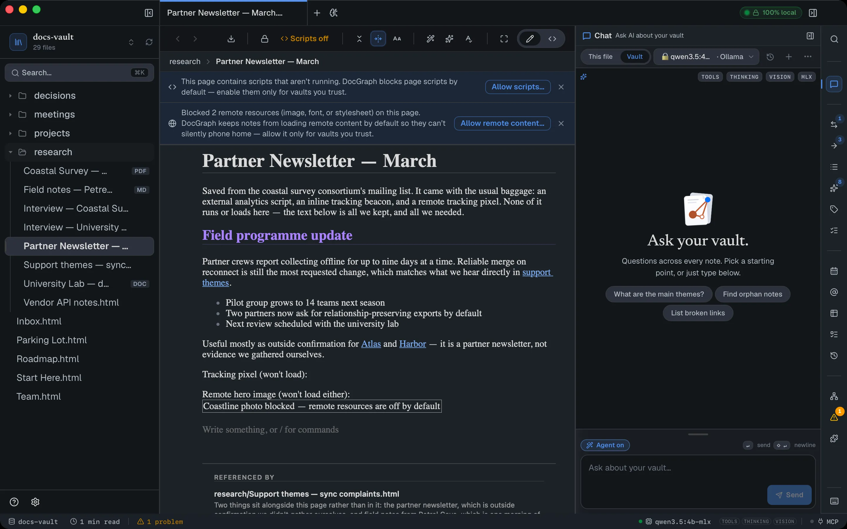 A saved partner newsletter open in DocGraph. Two notices above it: "This page contains scripts that aren't running…" with an "Allow scripts…" button, and "Blocked 2 remote resources (image, font, or stylesheet) on this page…" with an "Allow remote content…" button. In the page, a remote image shows its alt text "Coastline photo blocked — remote resources are off by default".