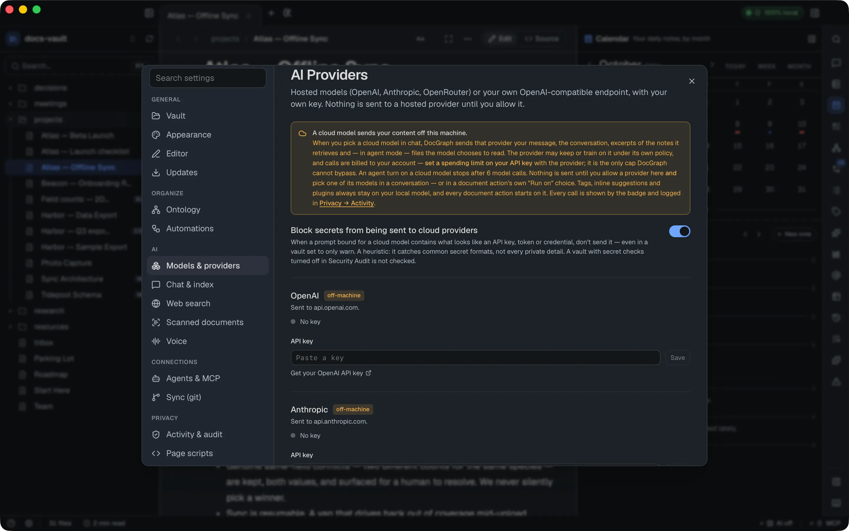 The AI Providers pane: a warning that a cloud model sends your content off this machine, the "Block secrets from being sent to cloud providers" switch (on), and cards for OpenAI and Anthropic, each marked off-machine with "No key".