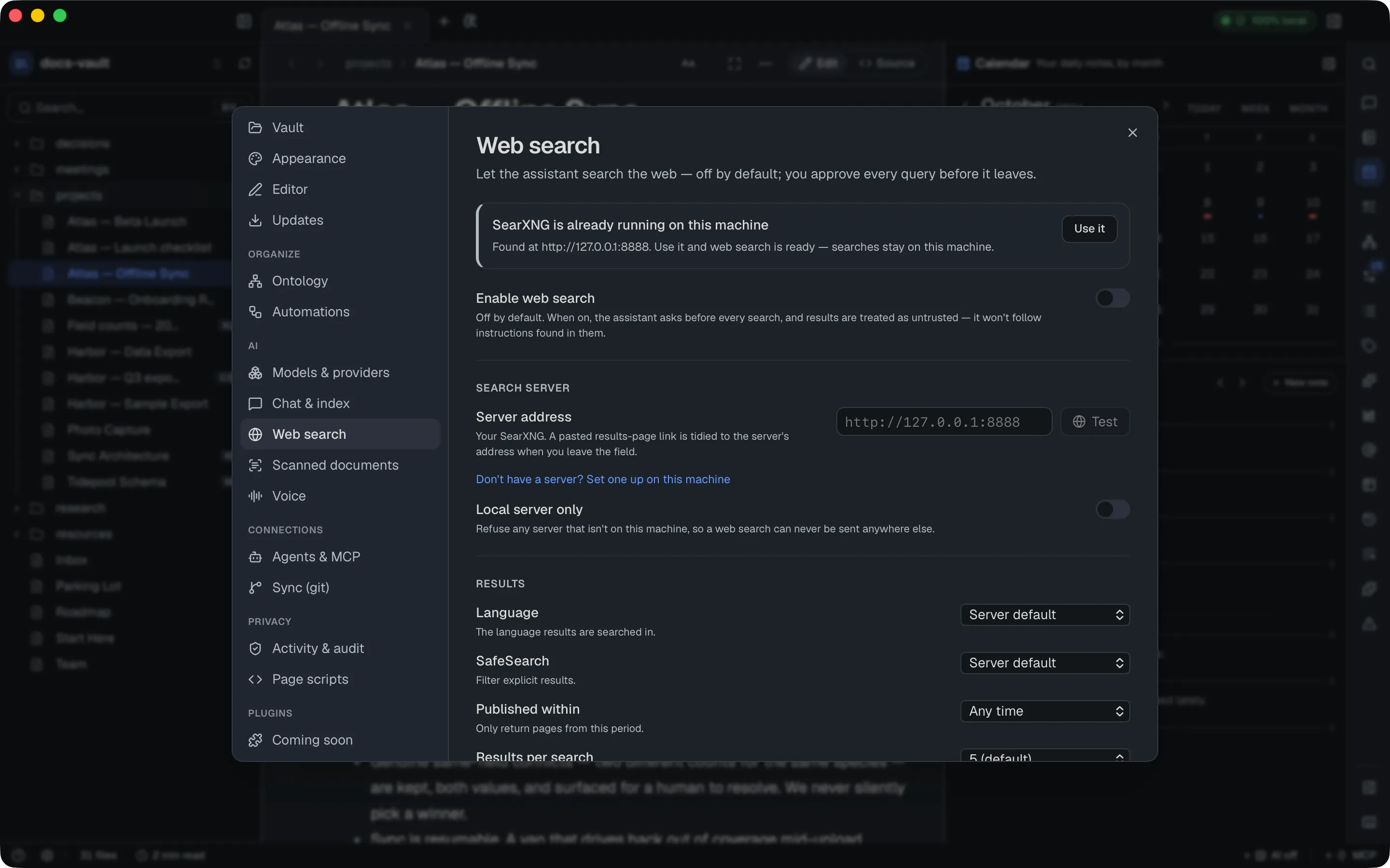 The Web search pane: a notice that SearXNG is already running on this machine with a "Use it" button, "Enable web search" off, the Server address field with Test, "Local server only", and the result settings.