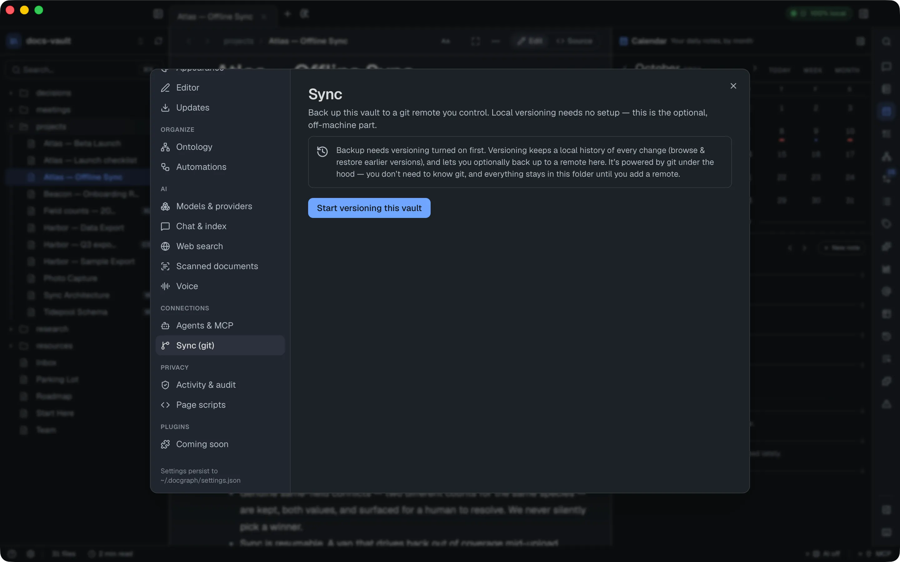 The Sync pane: "Back up this vault to a git remote you control. Local versioning needs no setup — this is the optional, off-machine part." with a "Start versioning this vault" button.